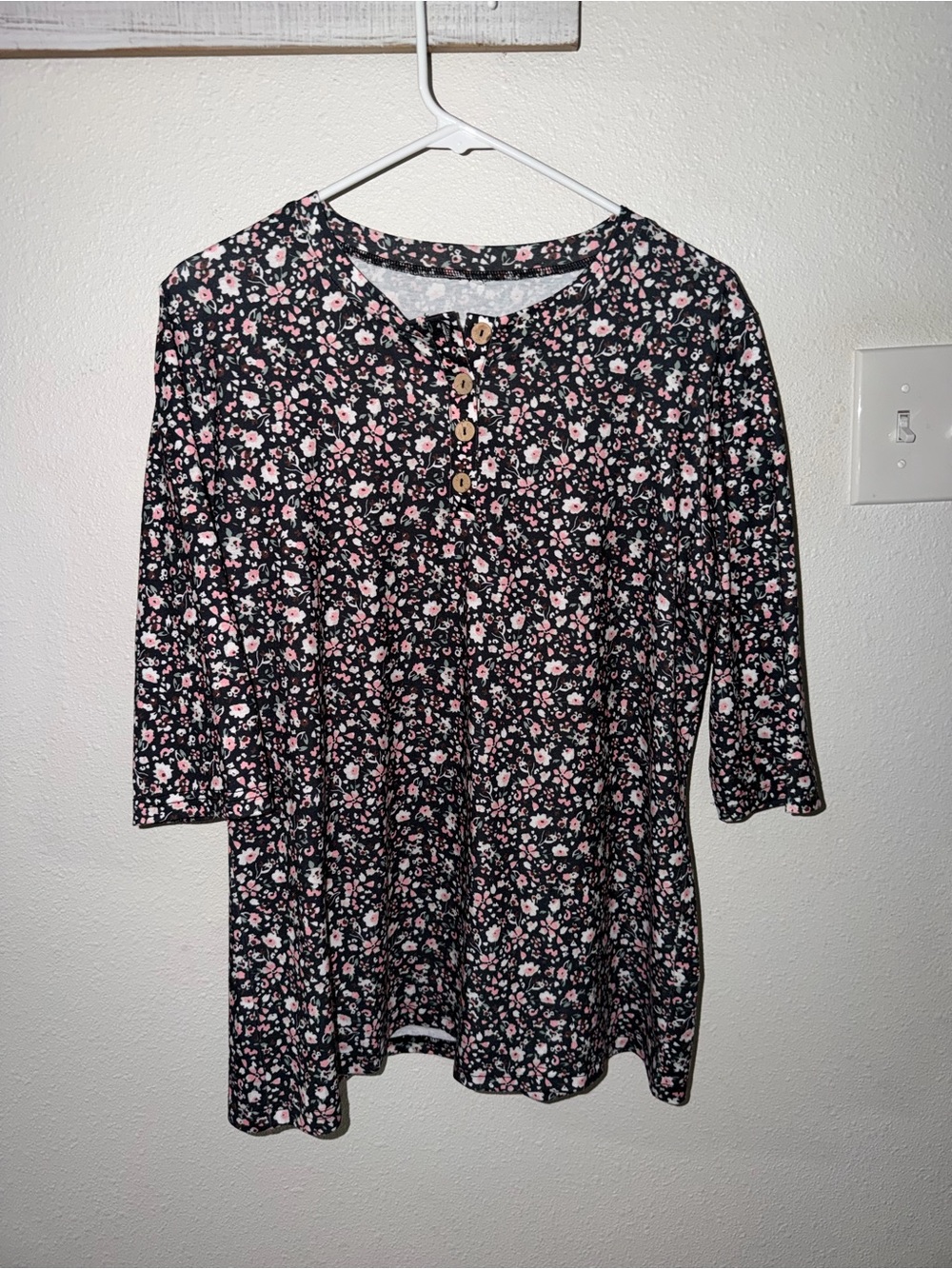 Floral Button-Front Black Henley Tunic with Pink Floral Print